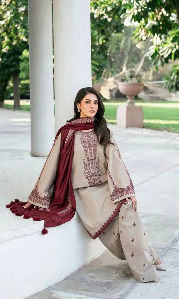 3 Piece Beige Dhanak Embroidered Suit – Deep Maroon Dupatta & Plazzo Set detail