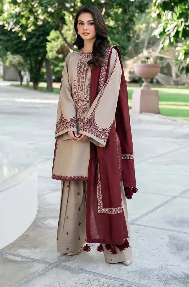 3 Piece Beige Dhanak Embroidered Suit – Deep Maroon Dupatta & Plazzo Set