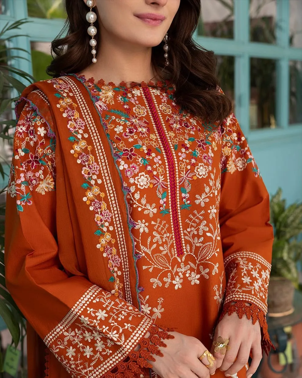 3-Piece Rust Orange Embroidered Dhanak Suit – Dhanak Dupatta & Trouser Set detail