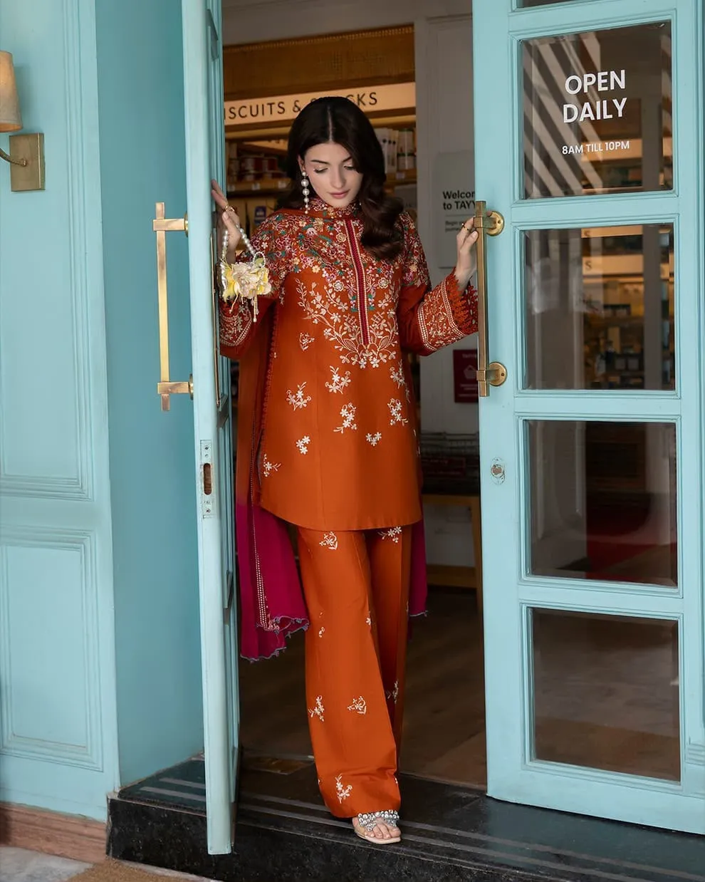 3-Piece Rust Orange Embroidered Dhanak Suit – Dhanak Dupatta & Trouser Set