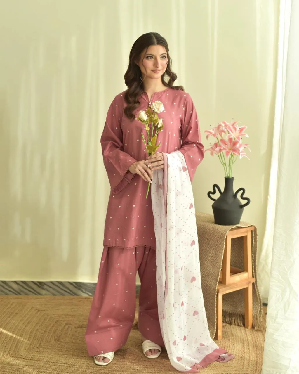 3-Piece Dusty Pink Foil Printed Dhanak Suit – White Heart Printed Dupatta Set