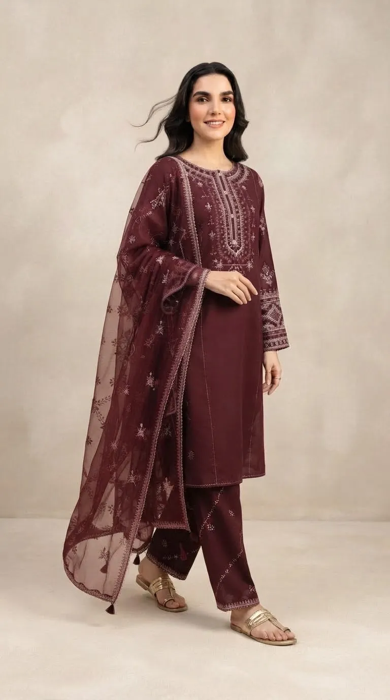 Deep Wine Embroidered Unstitched 3-Piece Suit
