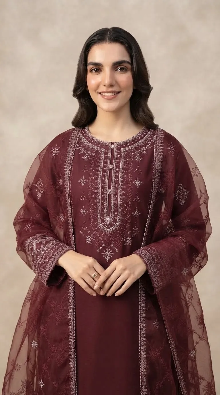 Deep Wine Embroidered Unstitched 3-Piece Suit detail