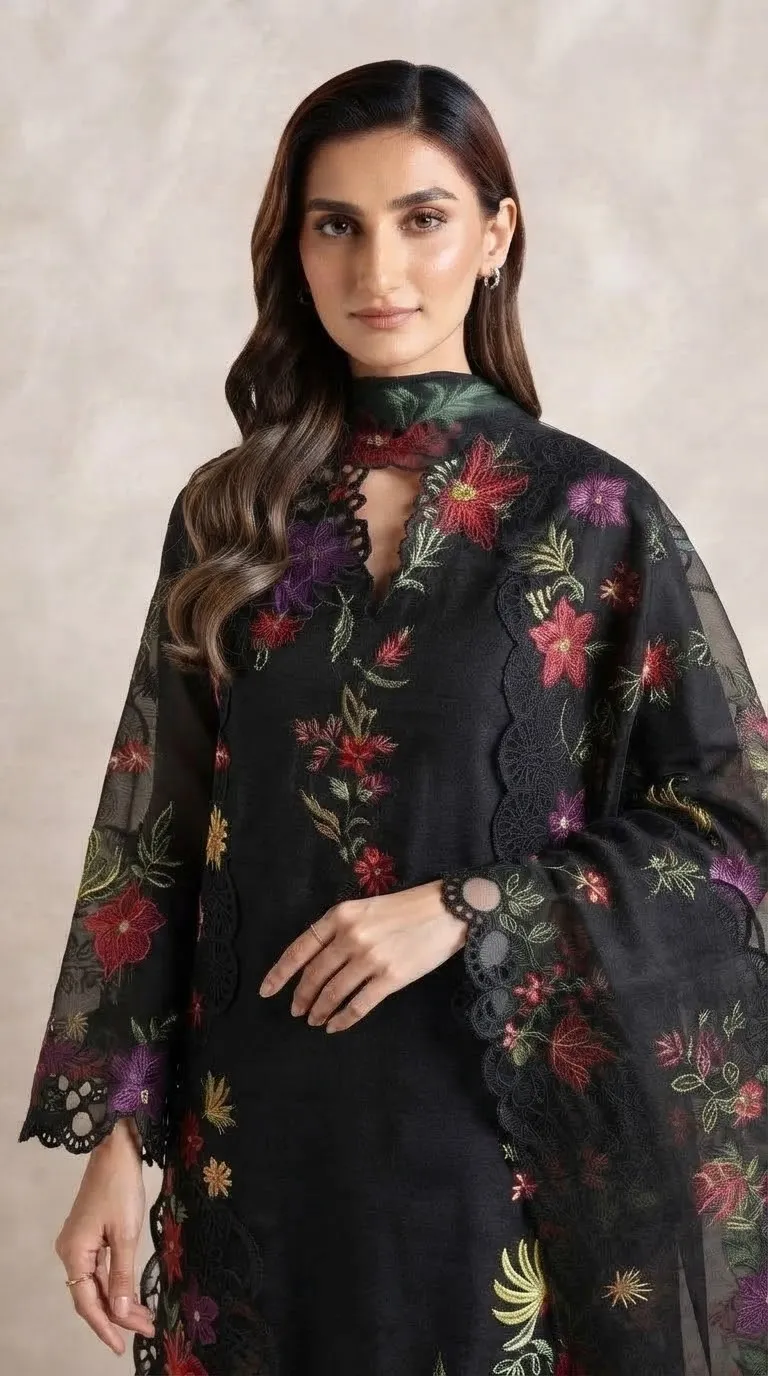 Midnight Floral Embroidered 3-Piece Unstitched Suit detail