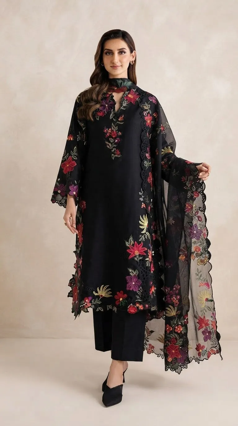 Midnight Floral Embroidered 3-Piece Unstitched Suit