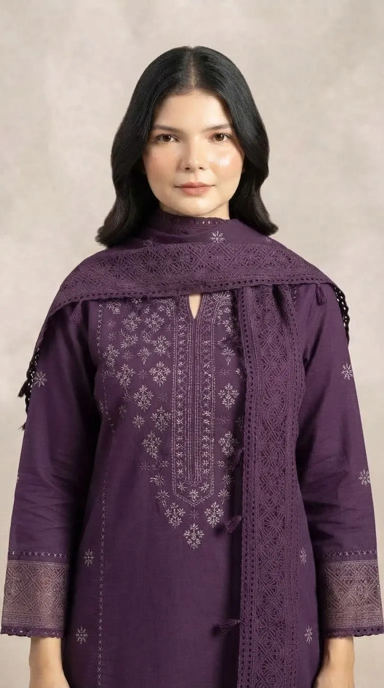 Royal Plum Embroidered 3-Piece Unstitched Suit detail
