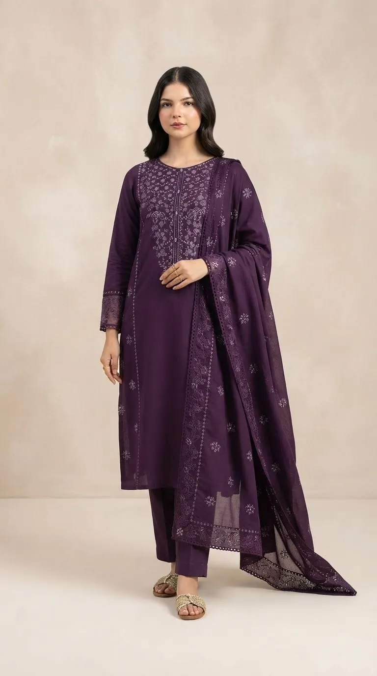 Royal Plum Embroidered 3-Piece Unstitched Suit
