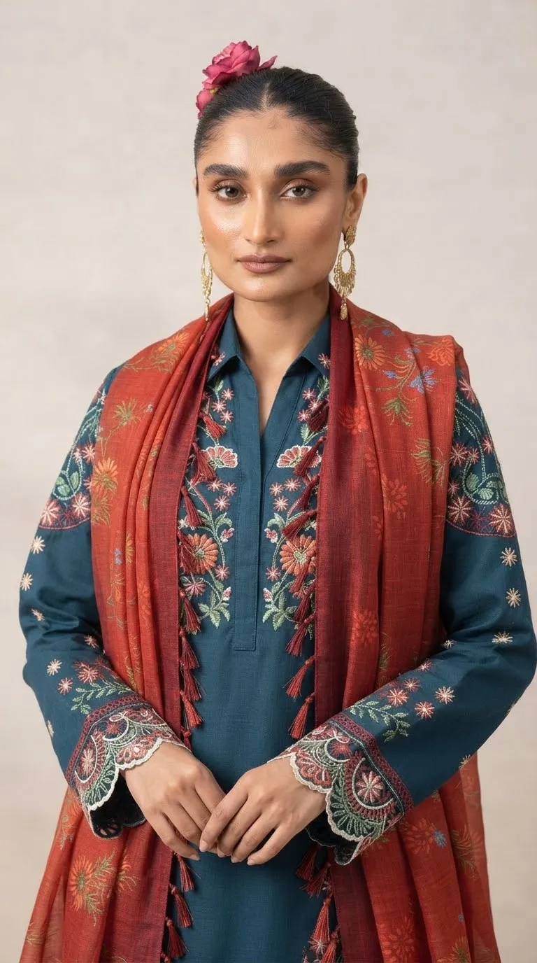 Teal Blue Floral Embroidered 3-Piece Unstitched Suit with Rust Printed Dupatta detail