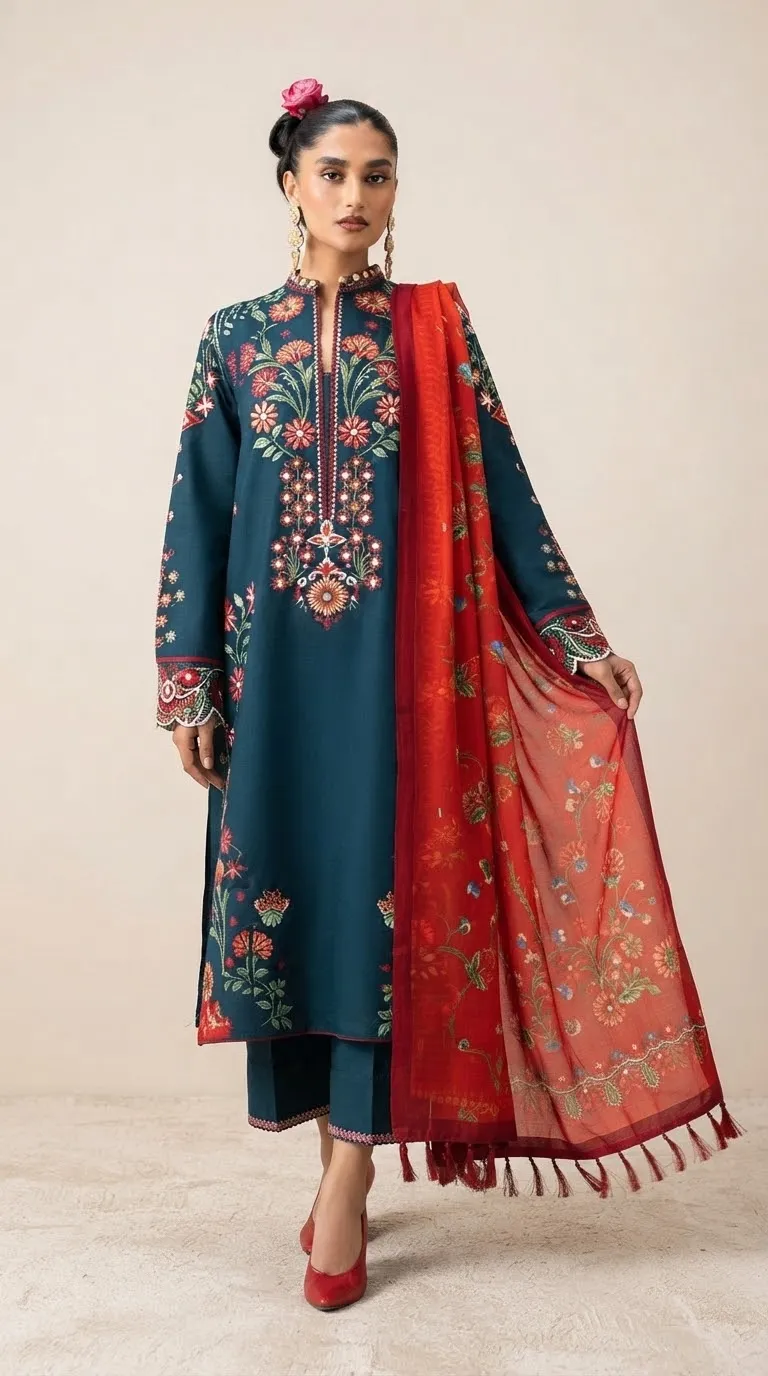 Teal Blue Floral Embroidered 3-Piece Unstitched Suit with Rust Printed Dupatta