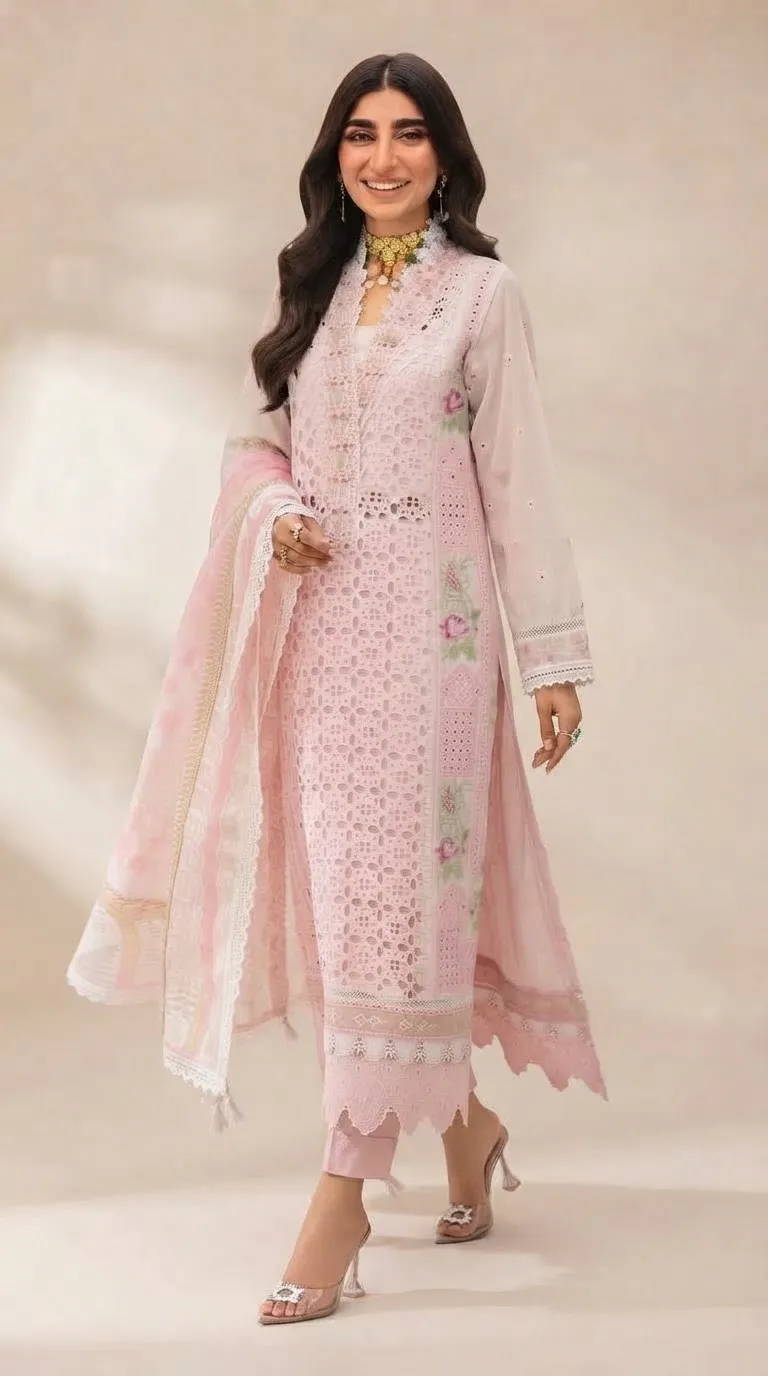 Blush Pink Chikankari & Cutwork Embroidered 3-Piece Unstitched Suit