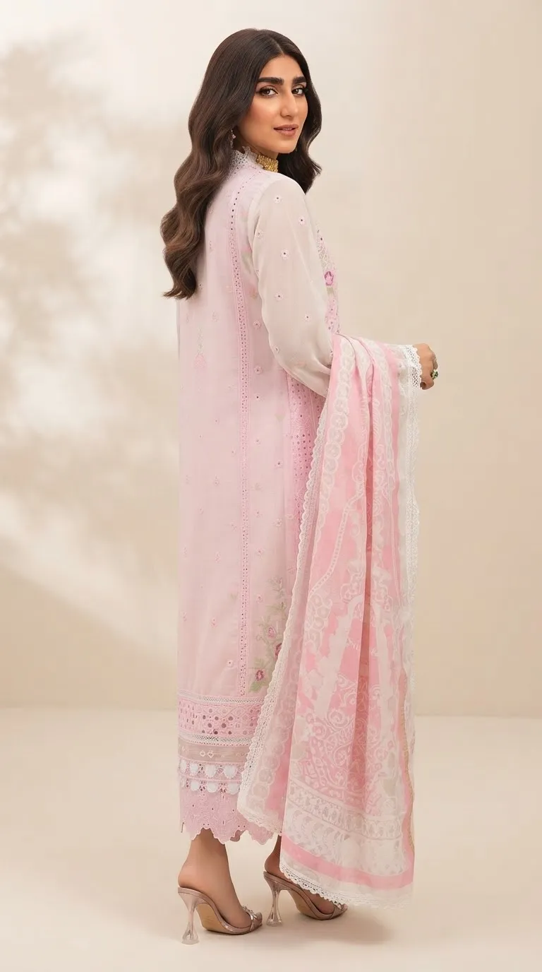 Blush Pink Chikankari & Cutwork Embroidered 3-Piece Unstitched Suit detail