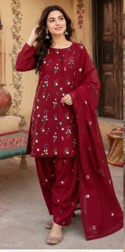 Deep Red Floral Embroidered Dhanak 3-Piece Ensemble