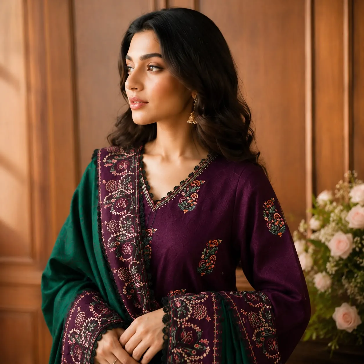 Aubergine Purple Dhanak 3-Piece Ensemble with Contrast Shawl detail