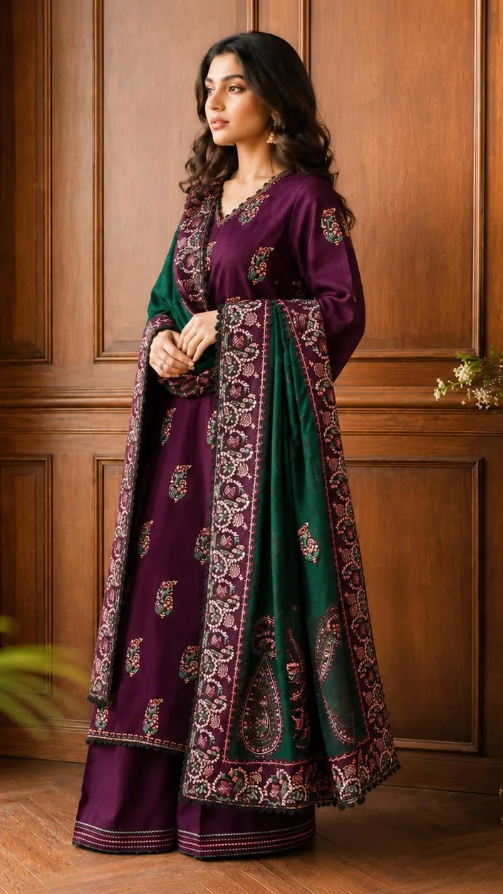 Aubergine Purple Dhanak 3-Piece Ensemble with Contrast Shawl