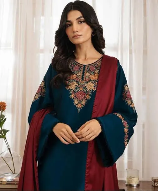 Peacock Blue Kashmiri Embroidered Dhanak Suit with Rust Shawl detail