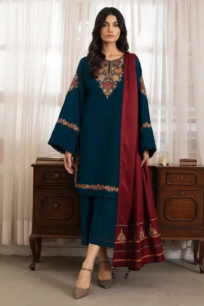 Peacock Blue Kashmiri Embroidered Dhanak Suit with Rust Shawl