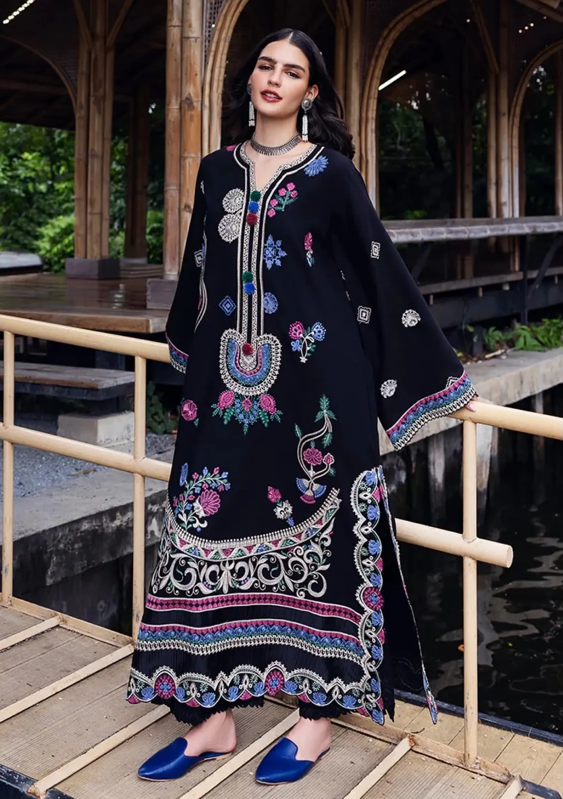Black Kashmiri Floral Embroidered Kaftan Suit with Pom-Poms