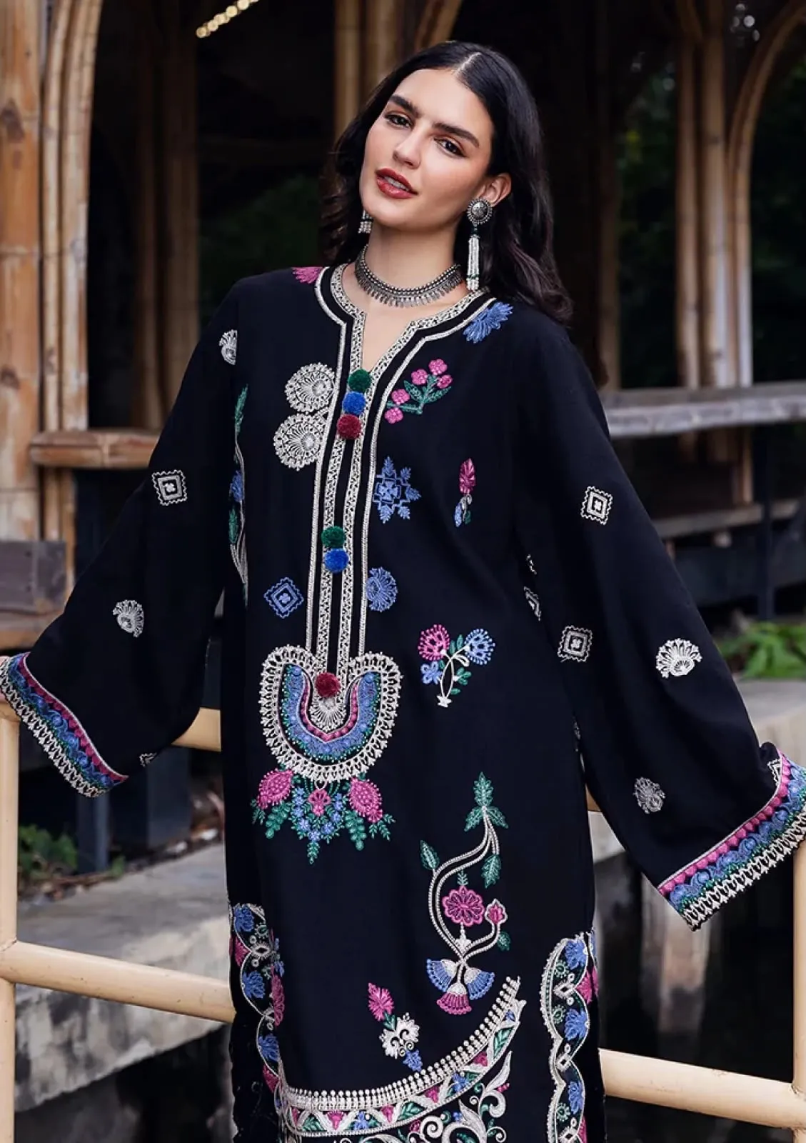 Black Kashmiri Floral Embroidered Kaftan Suit with Pom-Poms detail