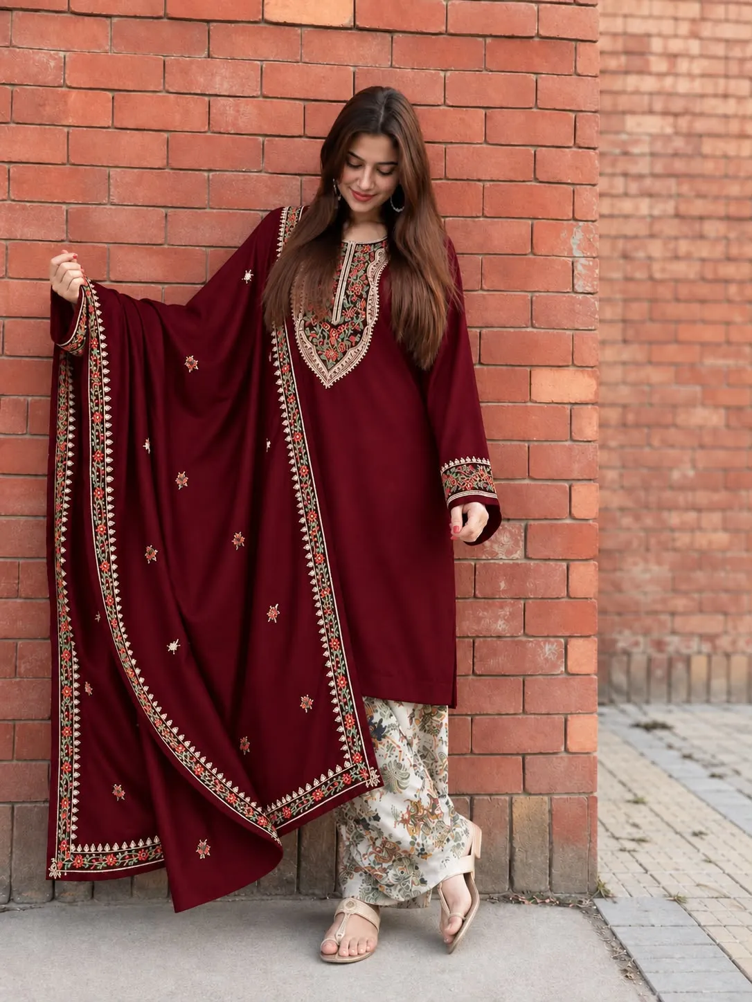 Teal Blue Embroidered Suit with Printed Palazzo Pants & Shawl detail