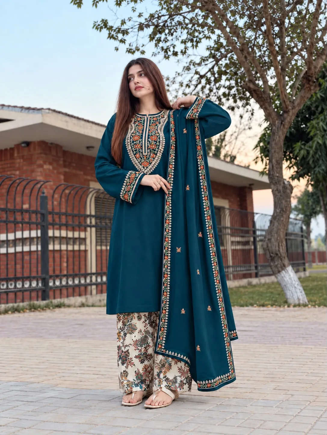 Teal Blue Embroidered Suit with Printed Palazzo Pants & Shawl